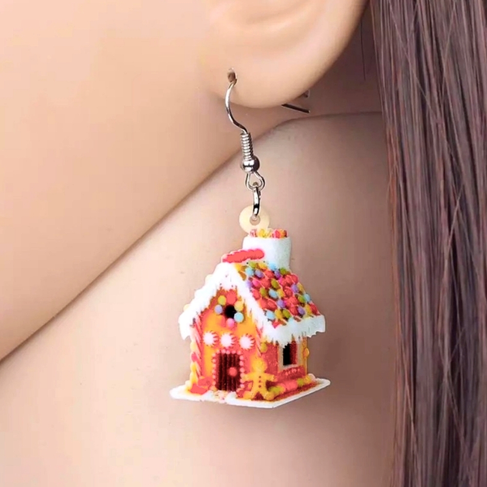 Holiday Gingerbread House Acrylic Dangle Earrings New!